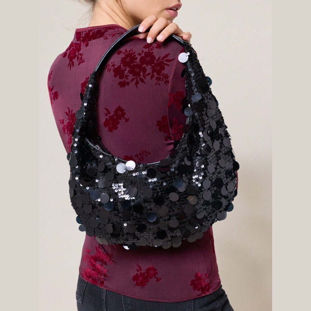 Black Sequin Paillette Slouchy Hobo Bag with Curved Handle